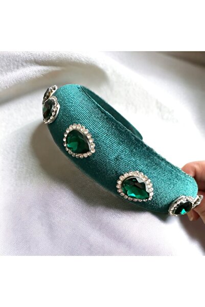 alsaccessories Coroană de catifea curbată de culoare verde cu pietre de crist...