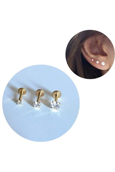 Bylin Cerrahi Çelik Gold Tek Taş Piercing Set - 3 Adet