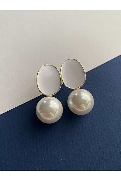 Pinery Jewels VIP SERİ - Top İncili Sedefli Altın Kaplama Küpe Çifti