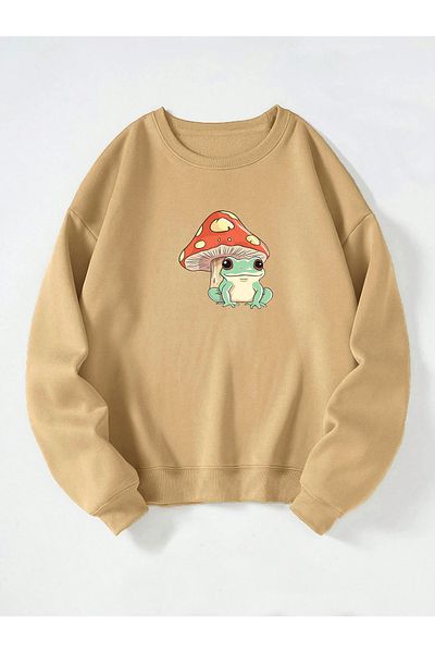 Ginevra Φούτερ Unisex Crew Neck Mushroom and Frog Printed Oversize Loose Cut Fleece φούτερ