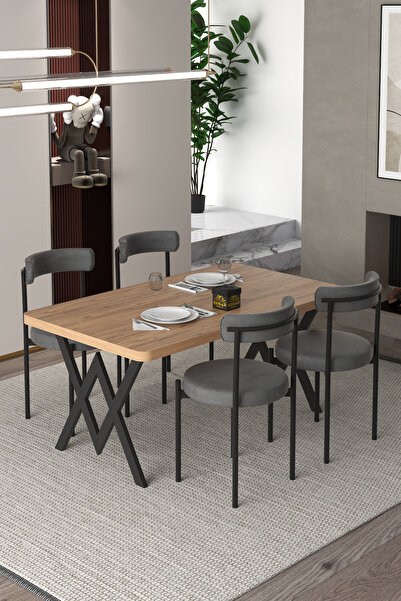 Cosargroup Ege 4 Kişilik Mutfak Masa Takımı -Antrasit Kumaş 70x110 W Mutfak M...