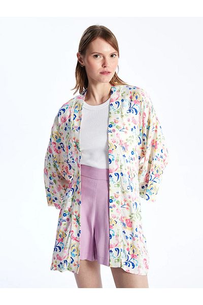 LC Waikiki LCW Lässiger Damen-Kimono mit Schalkragen und Blumenmuster und langen Ärmeln