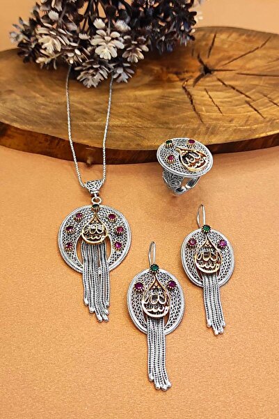 Aykat Allah Yazılı Taşlı Oksitli Telkari Gümüş Set Kolye Küpe Ayarlanabilir Y...