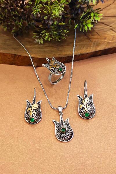 Aykat Lale Motifli Telkari Kadın 925 Ayar Gümüş Set Kolye Küpe Ayarlanabilir ...