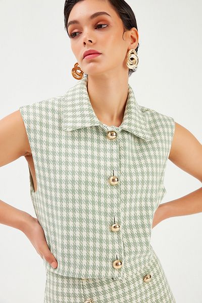 Sateen Houndstooth Patterned Vest - Green