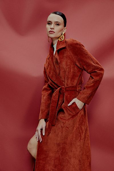 Sateen Long Velvet Trench Coat - Dried Rose