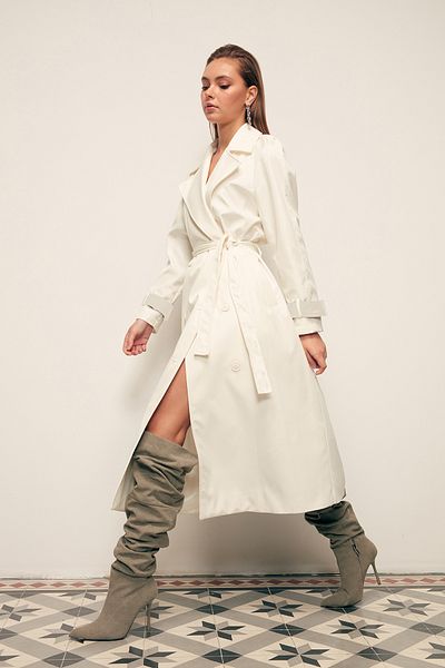 Sateen Μακρύ Ζώνη Trench - ECRU