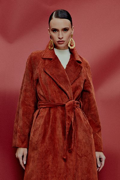 Sateen Long Velvet Trench Coat - Dried Rose