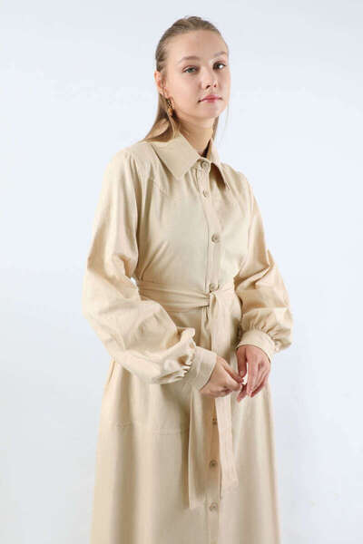 ZÜLAYS Gömlek Yaka Düğmeli Gabardin Elbise Taş