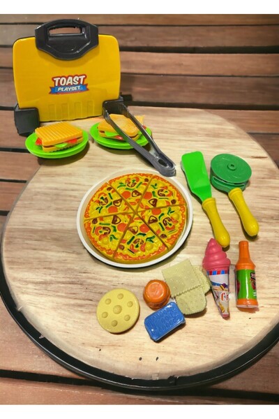 YILDIRIM OYUNCAK 25 cm Tost Makinesi Ve Pizza Aksesuarlı 2'li Set- Evcilik Mutfak Seti Aksesuarlı 27 Parça