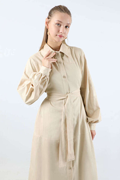 ZÜLAYS Gömlek Yaka Düğmeli Gabardin Elbise Taş