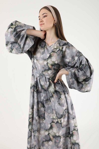 ZÜLAYS Floral Print Balloon Sleeve Dress Gray