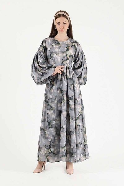ZÜLAYS Floral Print Balloon Sleeve Dress Gray