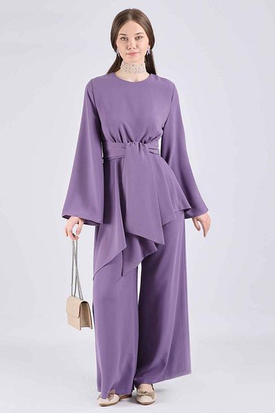 ZÜLAYS Asymmetrical Belted Tunic Set Lilac