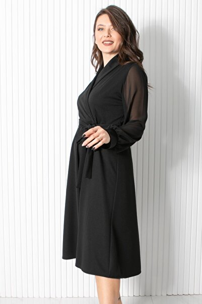 SUBU TASARIM Μαύρο βραδινό φόρεμα - Λεπτομέρεια ζώνης, Fhm906