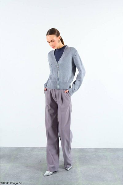 Liora Women's Light Gray V-Neck Bias Zippered Cardigan with Chest Pockets