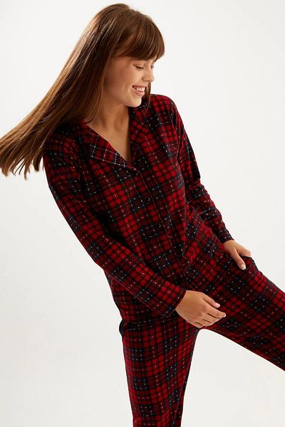 cotonhause Women's Front Buttoned Suede Plaid Red Pajamas Set C5T6N6O0-1