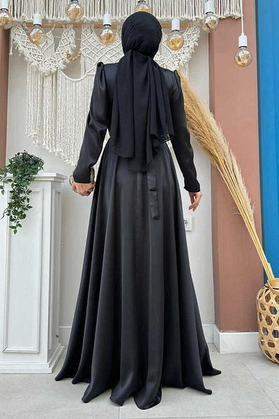 Bym Fashion 3863 Ζώνη με κοσμήματα σατέν φόρεμα μαύρο