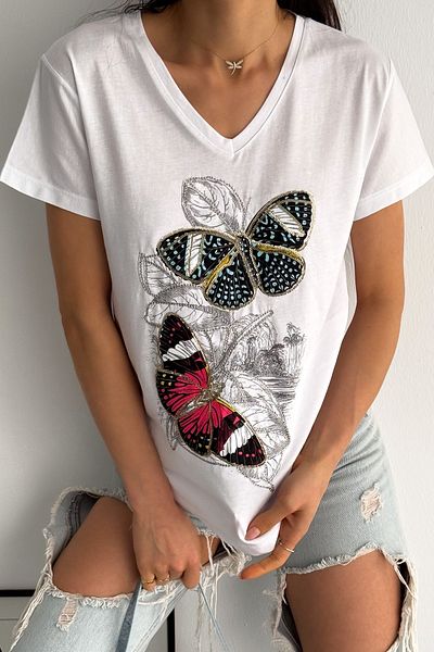 FEMELLE Women's White V-Neck Butterfly Sequin Sequin Embroidered 100% Cotton T-Shirt
