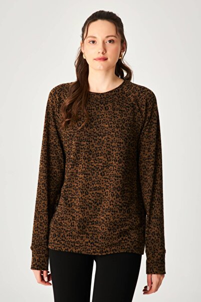 Hanna's by Hanna Darsa Kadın Yuvarlak Yaka Uzun Kollu Leopar Desenli Bluz