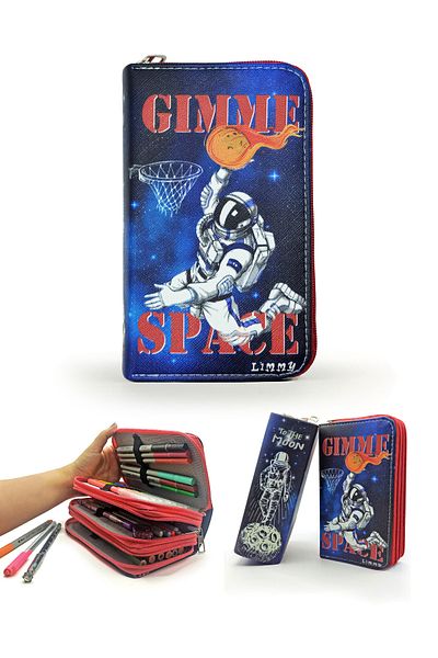 Limmy Μολυβοθήκη Μπάσκετ Αστροναύτης Space Pattern Organizer Θήκη μολυβιών Vegan Δερμάτινη θήκη για στυλό τριών θέσεων -