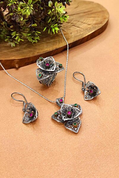 Aykat Yakut Taşlı Telkari Gümüş Set Oksitli 925 Ayar Kolye Küpe Ayarlanabilir Yüzük AKS-20108