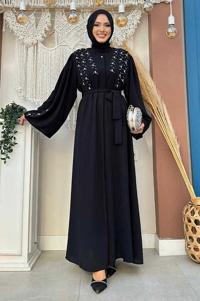 Bym Fashion Stoned Beaded Embroidery Detailed Ferace 7882 Black
