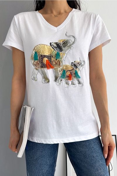 FEMELLE Women's White V-Neck Baby Elephant Sequin Sequin Embroidered Tassel 100% Cotton T-Shirt
