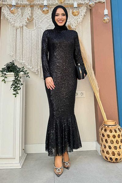 Bym Fashion Abendkleid mit Fischstickerei und Pailletten 3872 Schwarz