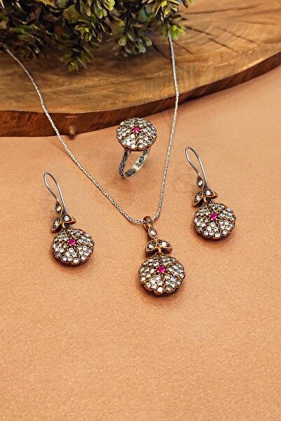 Aykat Kadın Zirkon Taşlı Tasarım Otantik Gümüş Set Kolye Küpe Yüzük AKS-2077