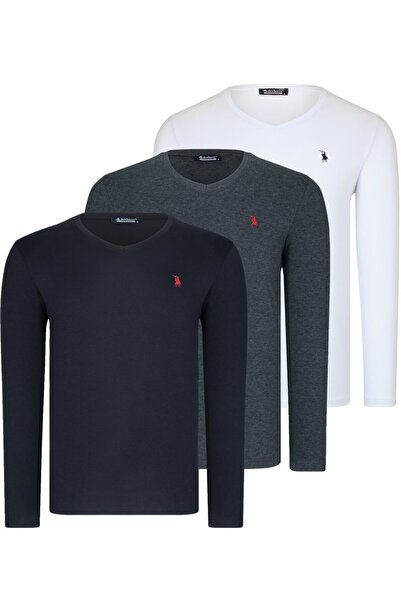 Dewberry Üçlü Set T8587 V Yaka Erkek Sweatshırt-siyah-beyaz-antrasit