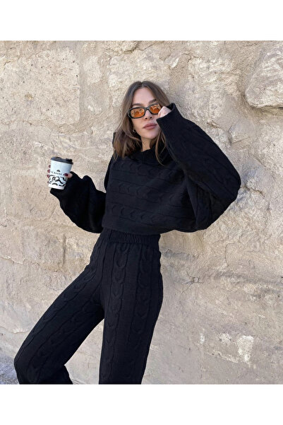 My Blog Set dublu de tricotaje crop cu glugă împletită neagră