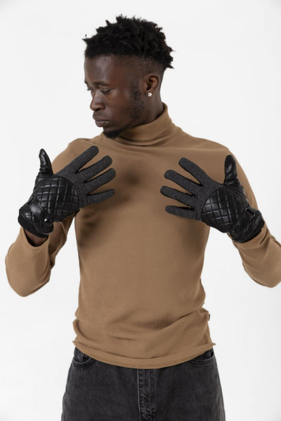 mrcans Ανδρικά μαύρα δερμάτινα καπιτονέ γάντια