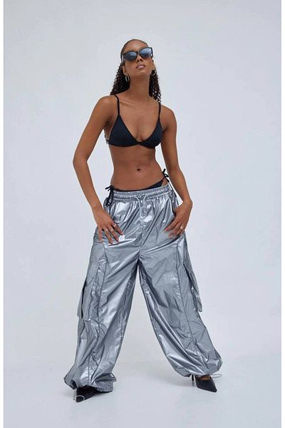 Alien 1979 Metallic Silver Colored Loose Cut Elastic Leg Parachute Trousers