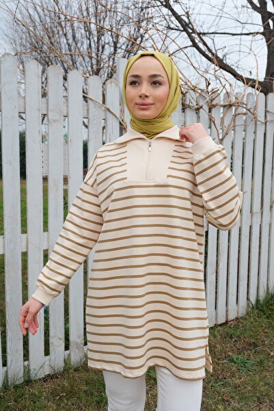 LOCCO Women's Front Zipper Striped Sweat Oil Green