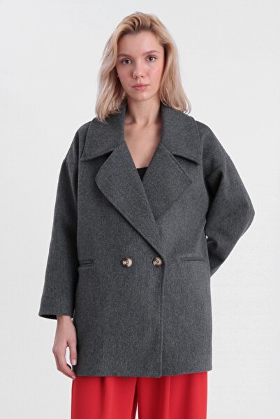 dükkan10butika Women's Oversize Wide Fit Pocketed Stamp Coat Anthracite Color