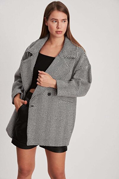 dükkan10butika Dámský oversize kapesní kašmírový kabát se vzorem Houndstooth Černá bílá