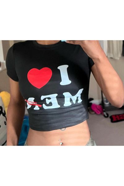 Touz Moda Y2k I Love Me Printed Black Crop