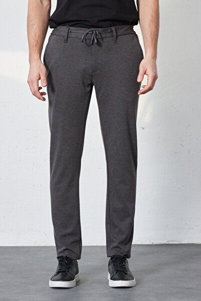 RAVANELLI Men's Gray Elastic Waist Lace-up Knitted Lycra Flexible Modern Slim Fit Jogger Pants