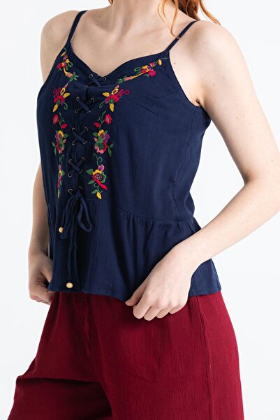 Eliş Şile Bezi Strappy Sile Cloth Bihter Embroidered Blouse Navy Blue Lcvt