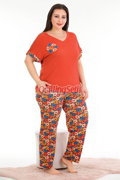 quilling Orange Color and Patterned Lady 10938 Short Sleeve Women's Plus Size Pajamas Set