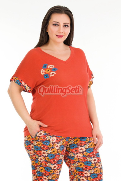 quilling Orange Color and Patterned Lady 10938 Short Sleeve Women's Plus Size Pajamas Set