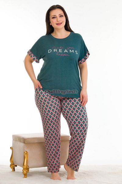quilling Dark Green Color and Patterned Lady 10932 Short Sleeve Women's Plus Size Pajamas Set