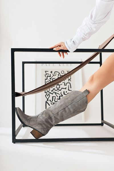 Limoya Hero Grey Suede Κεντημένες Γυναικείες Μπότες Cowboy