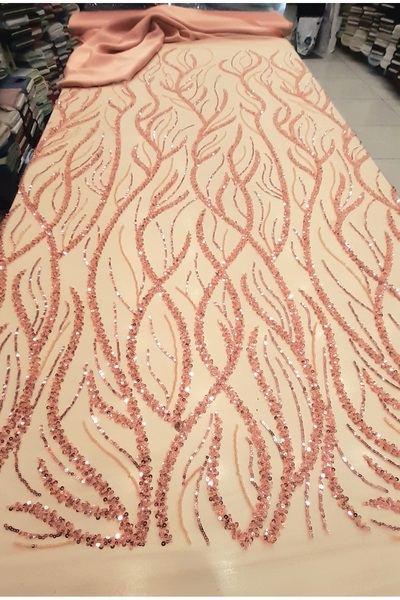 Safir Kumaş Turuncu İşlemeli Dantel 3 Metre (3 Metre Astarıda Dahil)