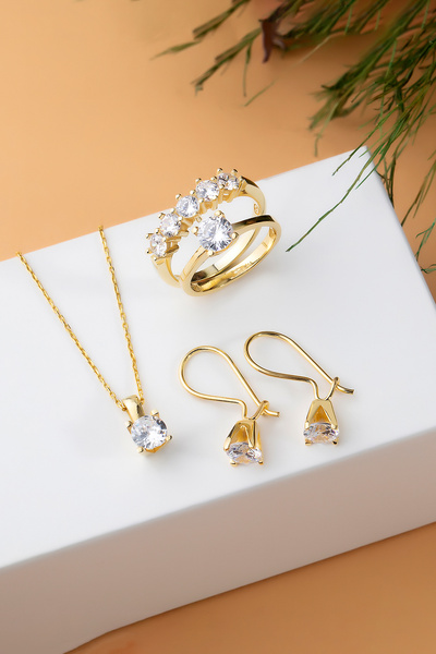 Else Silver Pırlanta Montür V Tırnak Gümüş Tek Taş Takı Seti