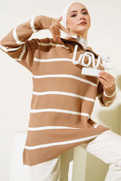 benguen 2026 Collar Zippered Striped Knitwear Tunic Mink