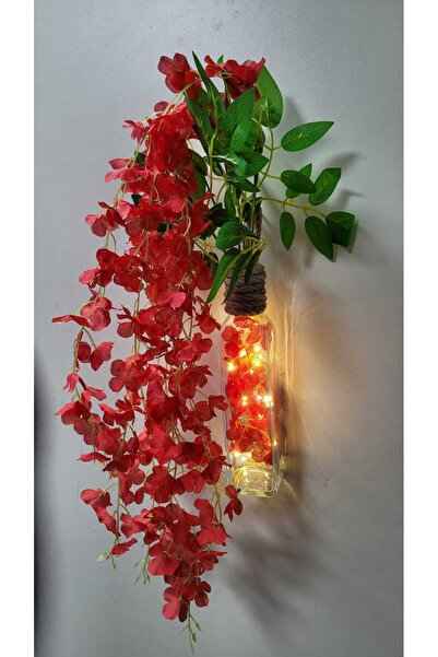 La bella bazar Led Işıklı Mantar Tıpalı Cam Şişe, Yapay Çiçek Askılı Masa Ve Gece Lambası Ev Dekoru