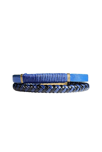 etniko Men's Knitted Genuine Leather Navy Blue Double Bracelet