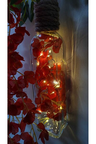 La bella bazar Led Işıklı Mantar Tıpalı Cam Şişe, Yapay Çiçek Askılı Masa Ve Gece Lambası Ev Dekoru